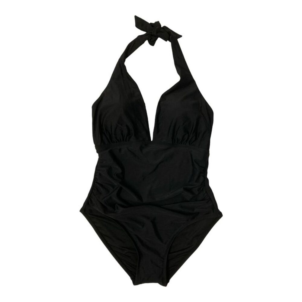 DKNY Women's One Piece Tummy Control Halter Neckline Swimsuit - Black